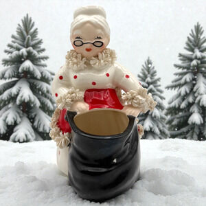 Vintage Napco Spaghetti Mrs Claus Planter S937F Japan Christmas Sack Dots 6" H